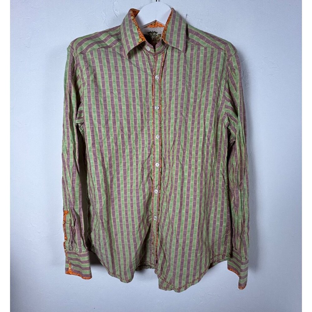 Robert Graham Men Striped Long-Sleeve Button-Up Shirt Large Floral Collar Lining